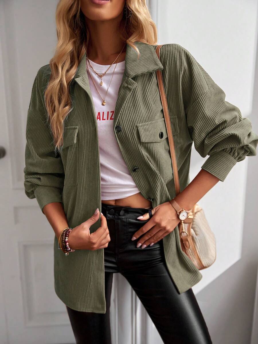 Flap Detail Drop Shoulder Corduroy Shirt - Green - View 1