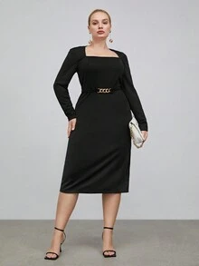 BizChic 大碼方領後背開衩洋裝 - 黑色 - 查看 5