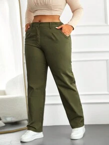 RueChic Plus Solid Slant Pocket Straight Leg Pants - Army Green - View 3