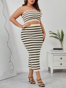 SHEIN Privé Plus Striped Pattern Tube Knit Top & Knit Skirt
