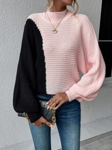 SHEIN Privé Two Tone Mock Neck Batwing Sleeve Sweater - Multicolor - View 1