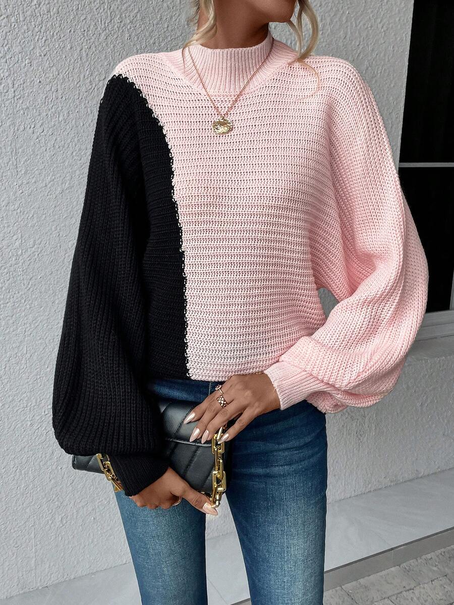 SHEIN Privé Two Tone Mock Neck Batwing Sleeve Sweater - Multicolor - View 1