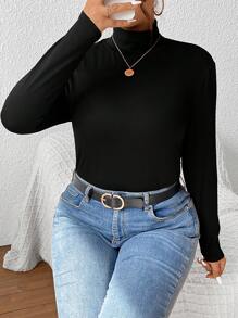 SHEIN Frenchy Plus Solid Ribbed Slim Fit Mock Neck Knit Tee - Black - View 7