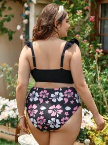 SHEIN Swim Curve Plus Floral Print Ruffle Trim Bikini Set, For Summer Beach Vacation - Multicolor - View 2