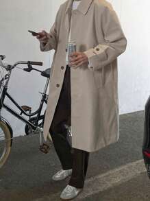 DAZY 男士前紐扣落肩袖風衣外套 - 卡其色 - 查看 3