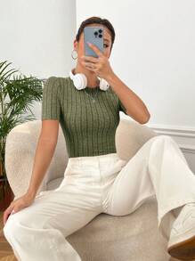 SHEIN EZwear Solid Ribbed Knit Tee - Army Green - View 1