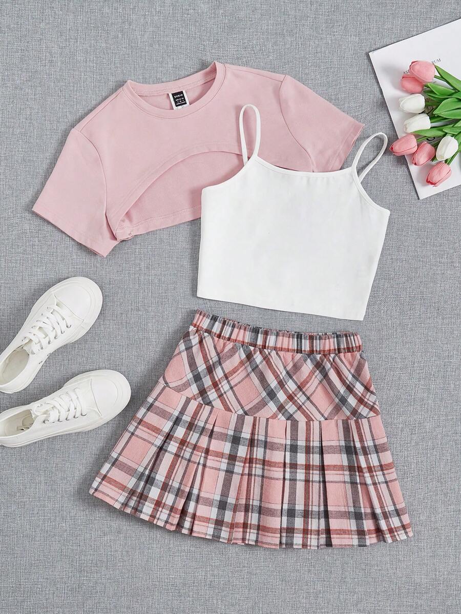 SHEIN Qutie Chất rắn Cami ngọn & Siêu Crop Top & Chân Váy xếp ly - Nhiều màu - Xem 1