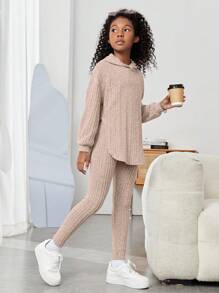 SHEIN Tween Girls Drop Shoulder Curved Hem Hooded Tee & Leggings