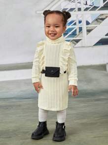 SHEIN Baby Girl Ruffle Trim Turtleneck Dress & Belt Bag - Apricot - View 3