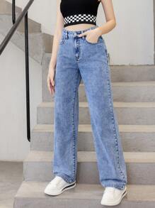 SHEIN 青少年女孩斜口袋直筒牛仔褲 - 中等水洗藍 - 查看 4