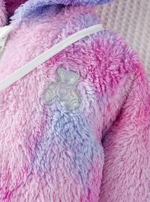 SHEIN Baby Girl Tie Dye Bear Patched Striped Trim Hooded Teddy Jacket With Bag - Multicolor - View 4