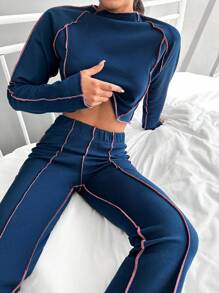 RueChic Women's Casual Loose Slub Long Sleeve T-Shirt & Straight-Leg Pants Navy Blue 2pcs/Set - Navy Blue - View 3
