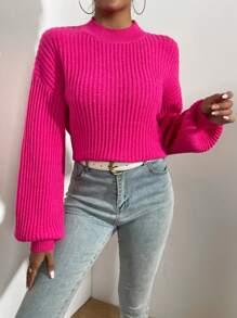 SHEIN Essnce 小高領燈籠袖落肩袖套頭毛衣 - 玫紅色 - 查看 4