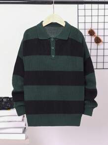 SHEIN 男大童雙色Polo領落肩袖套頭毛衣 - 黑色 - 查看 1