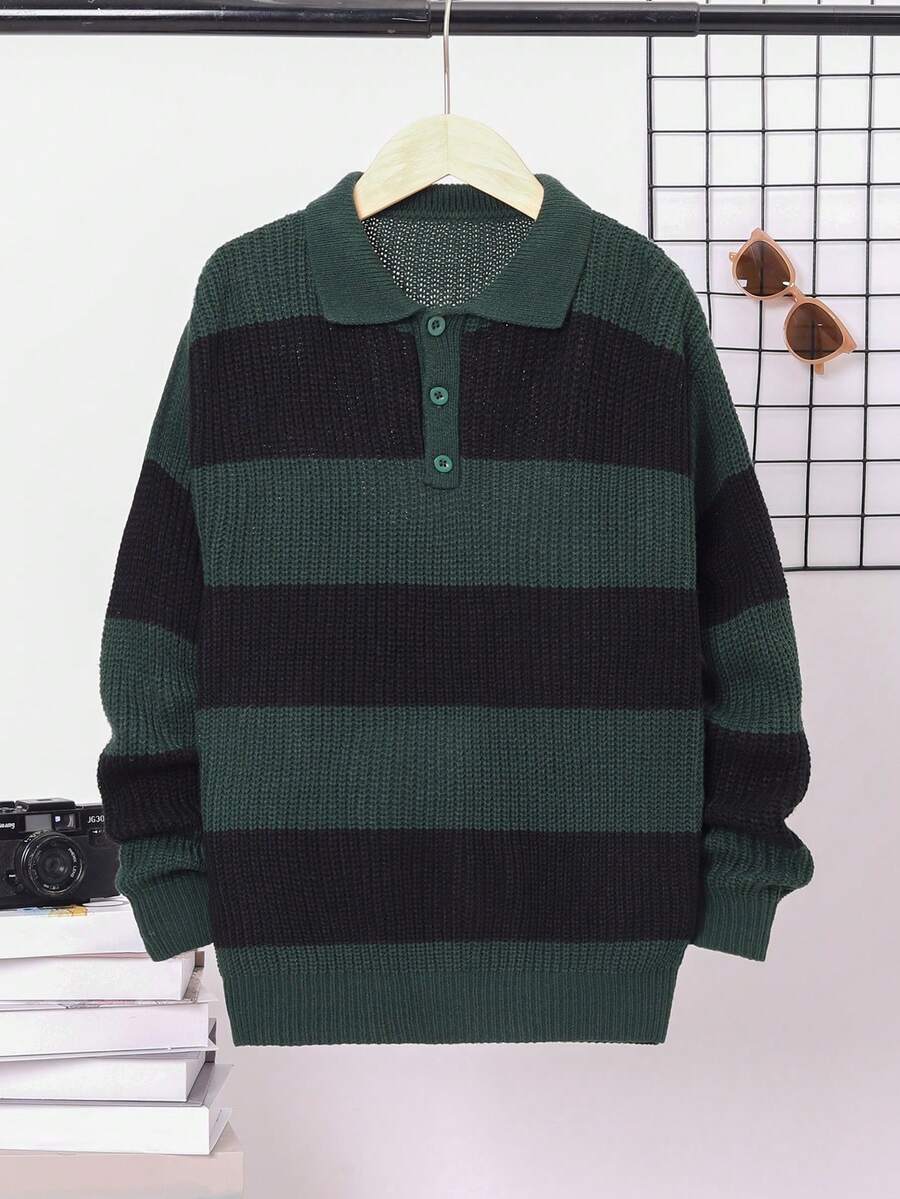 SHEIN 男大童雙色Polo領落肩袖套頭毛衣 - 黑色 - 查看 1