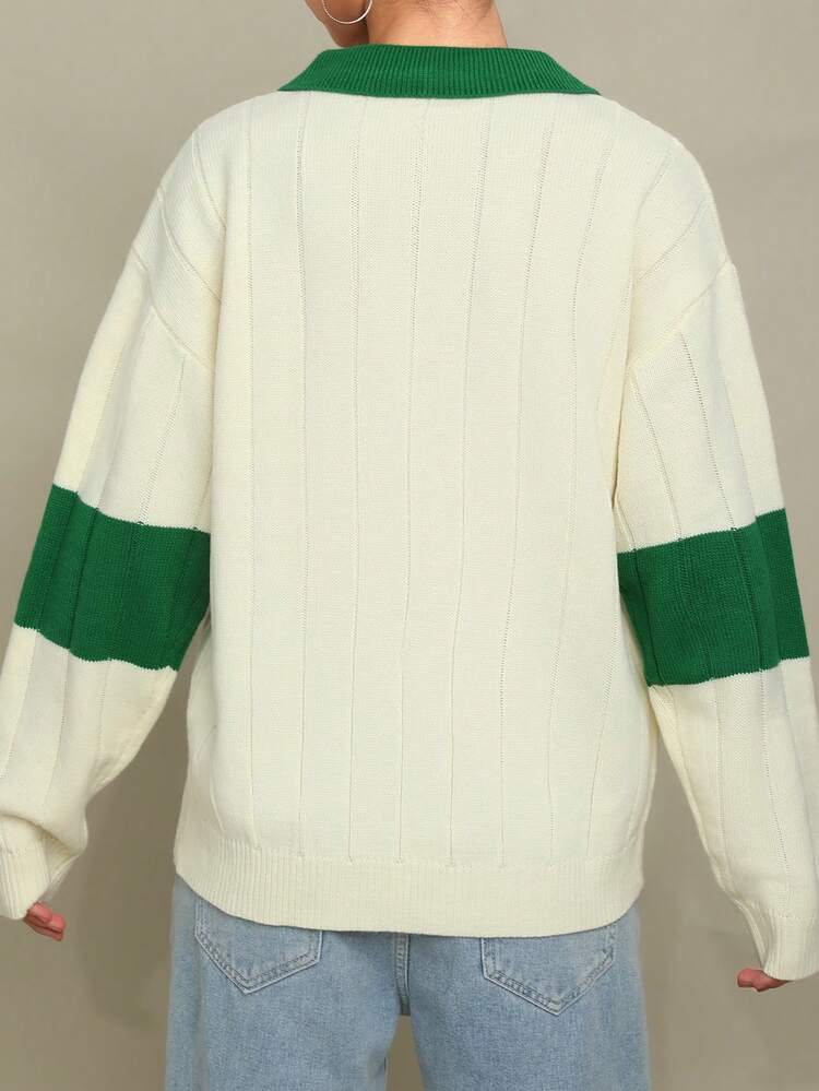Letter Pattern Contrast Polo Neck Drop Shoulder Sweater