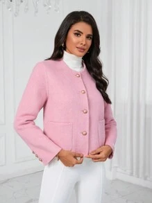 GENKIRA 前紐扣口袋貼布花呢外套 - 粉色 - 查看 5