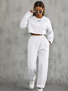 Flirla 素色落肩袖短款運動衫和運動褲 - 白色 - 查看 6