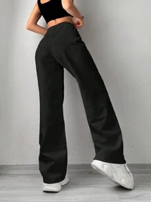 Blugi casual solidi cu picior drept - Negru - Vizualizare 2
