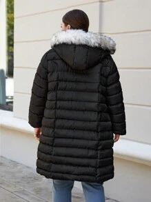 RueChic Plus Fuzzy Trim Hooded Puffer Coat - Black - View 2