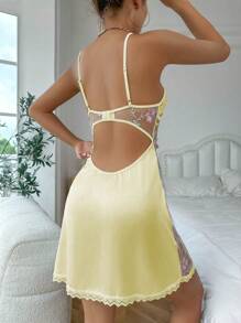 SHEIN Floral Embroidery Mesh Panel Lace Trim Bow Front Satin Cami Pajama Nightdress Luxeloungewear - Yellow - View 2