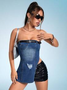SHEIN ICON Ripped Asymmetrical Hem Denim Tube Top - Blue - View 1