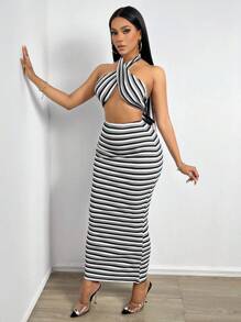 SHEIN Slayr Striped Print Crisscross Tie Backless Halter Top & Skirt - Black and White - View 4