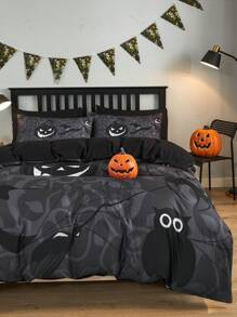 3 pièces Ensemble De Housse De Couette Profond Gris Halloween Chat Astronaute , Citrouille , Motif Chauve-Souris Imprimé En Polyester