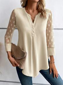 EMERY ROSE Blusa de manga de malla jacquard en contraste con botón - Albaricoque - Ver 4