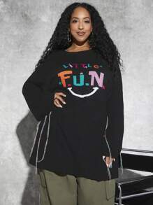 SHEIN CURVE+ 大碼字母圖案蝙蝠袖套頭毛衣