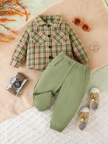 Baby Boy Plaid Print Shirt & Pants & Tee - Green - View 3