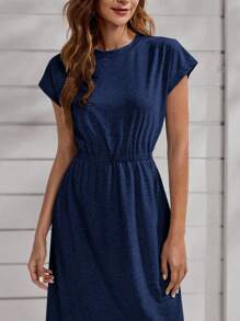 SHEIN LUNE 纯色蝙蝠袖A字连衣裙 休闲女装 - 藏蓝色 - 查看 4