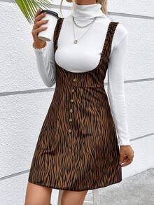 SHEIN LUNE In hoa văn ngựa vằn Nút phía trước Đầm Tổng thể Without Tee - Màu Khaki - Xem 6