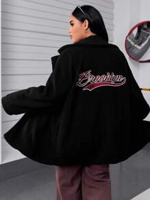 SHEIN EZwear Plus Letter Embroidery Drop Shoulder Teddy Coat - Black - View 1