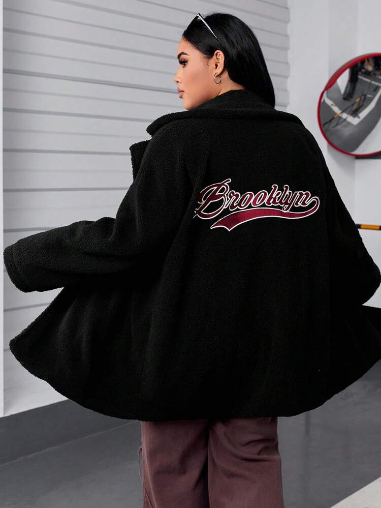 Plus Letter Embroidery Drop Shoulder Teddy Coat