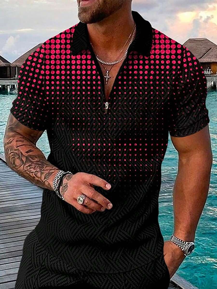 男士波點圖案POLO衫 - 紅色 - 查看 1