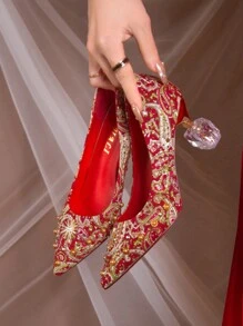 2023年新款女士紅色高跟鞋,中國風婚禮派對禮服鞋 - 紅色 - 查看 1