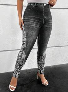 SHEIN Clasi 大碼牛仔效果和印花緊身打底褲