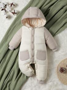 男嬰撞色連帽前紐扣雙口袋連帽填充連身褲 - 彩色 - 查看 1