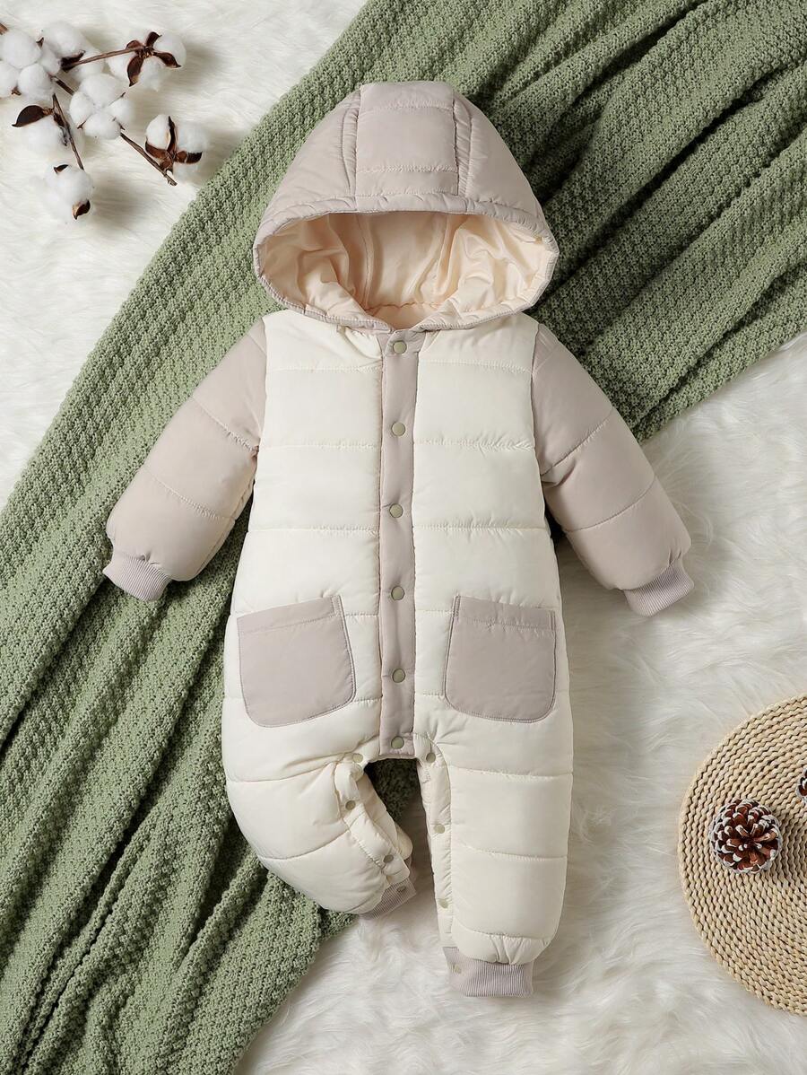 男嬰撞色連帽前紐扣雙口袋連帽填充連身褲 - 彩色 - 查看 1