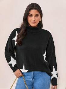 SHEIN Frenchy 大碼星星圖案高領落肩袖套頭毛衣 - 黑與白 - 查看 1