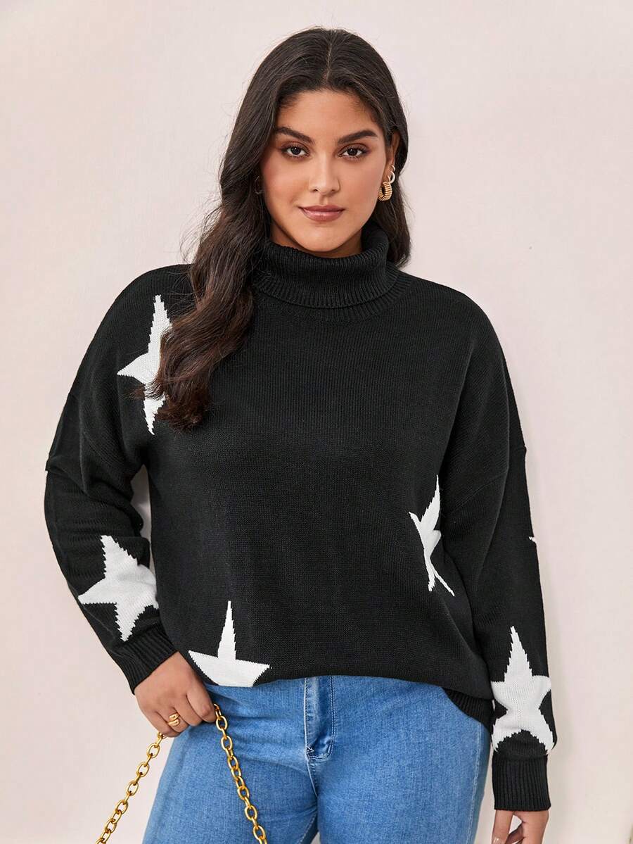 SHEIN Frenchy 大碼星星圖案高領落肩袖套頭毛衣 - 黑與白 - 查看 1