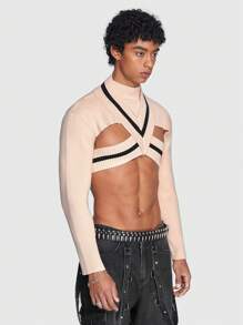 ROMWE MEN ROMWE Avant Guys Criss Cross Crop Sweater - Khaki - View 4