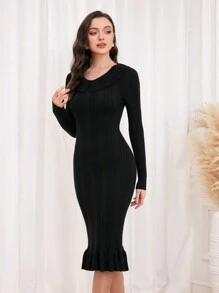 Modelyn Ruffle Trim Bodycon Sweater Dress Fall Cloth For Women - Black - View 3