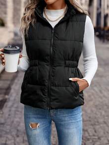 SHEIN Frenchy 拉链连帽背心夹棉外套 - 黑色 - 查看 6