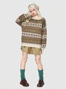ROMWE Fairycore Geo Pattern Drop Shoulder Sweater - Multicolor - View 9