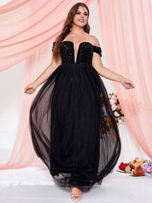 Plus Off Shoulder Mesh Formal Dress - Black - View 7