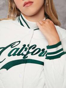 Teen Girl Letter Graphic Striped Trim Drop Shoulder Quilted Coat