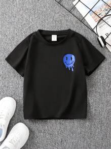 SHEIN Chico joven Camiseta con slogan & con estampado de cara de dibujos animados - Negro - Ver 2