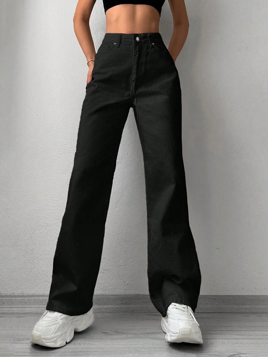 Blugi casual solidi cu picior drept - Negru - Vizualizare 1